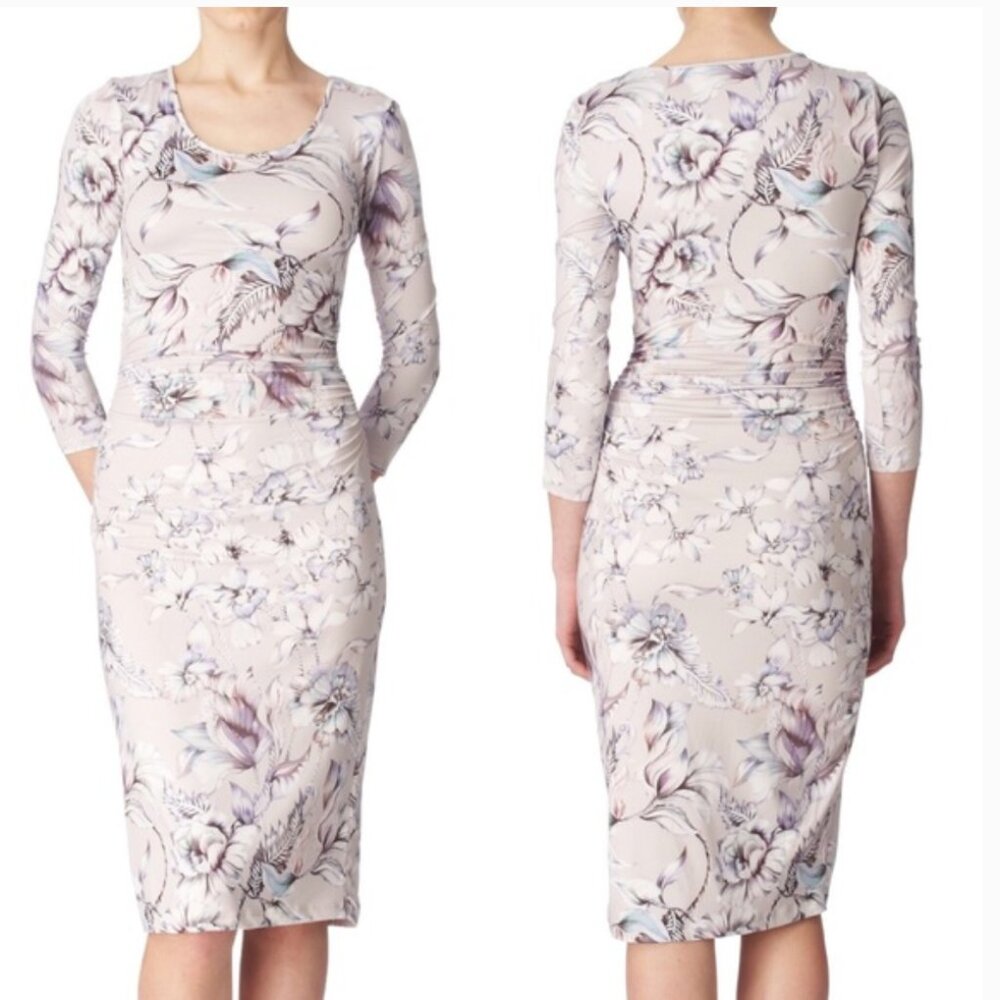 REISS Womens Balbina Midi Dress L Ruched Long Sleeve Floral Stretch Body…